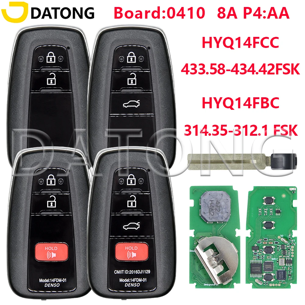 Datong HYQ14FBC 314.35-312.1 MHz 14FCC 433.58-434.42 MHz 8A Chip 0410 P4:AA Proximity SmaCar Key For Toyota Avalon 2019-2023
Datong HYQ14FBC 314.35-312.1 MHz 14FCC 433.58-434.42 MHz 8A Chip 0410 P4:AA Proximity SmaCar Key For Toyota Avalon 2019-2023
