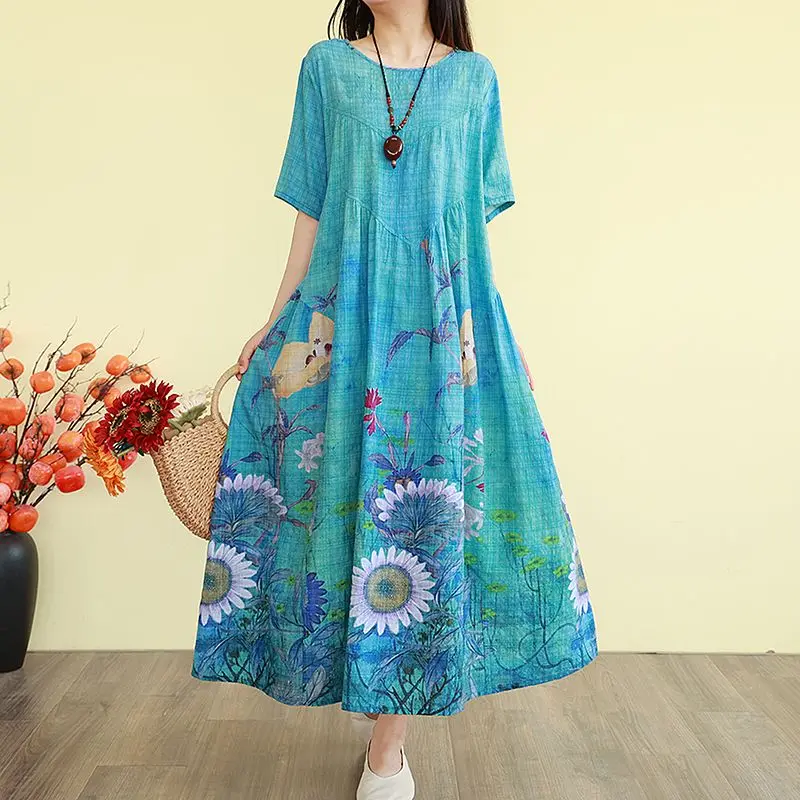 Retro Artisan Cotton Linen Dress Women's Summer New Round Neck Print Loose Slimming Short Sleeve Long Skirt
Retro Artisan Cotton Linen Dress Women's Summer New Round Neck Print Loose Slimming Short Sleeve Long Skirt