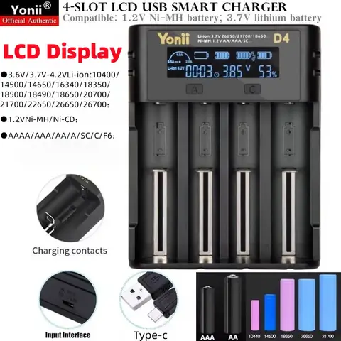 Yonii chargeur de batterie LCD 4 canaux pour 18650 26650 21700 10440 14500 16340 AA AAA Li-ion ou NiNH chargeur intelligent pour Rechargeable
