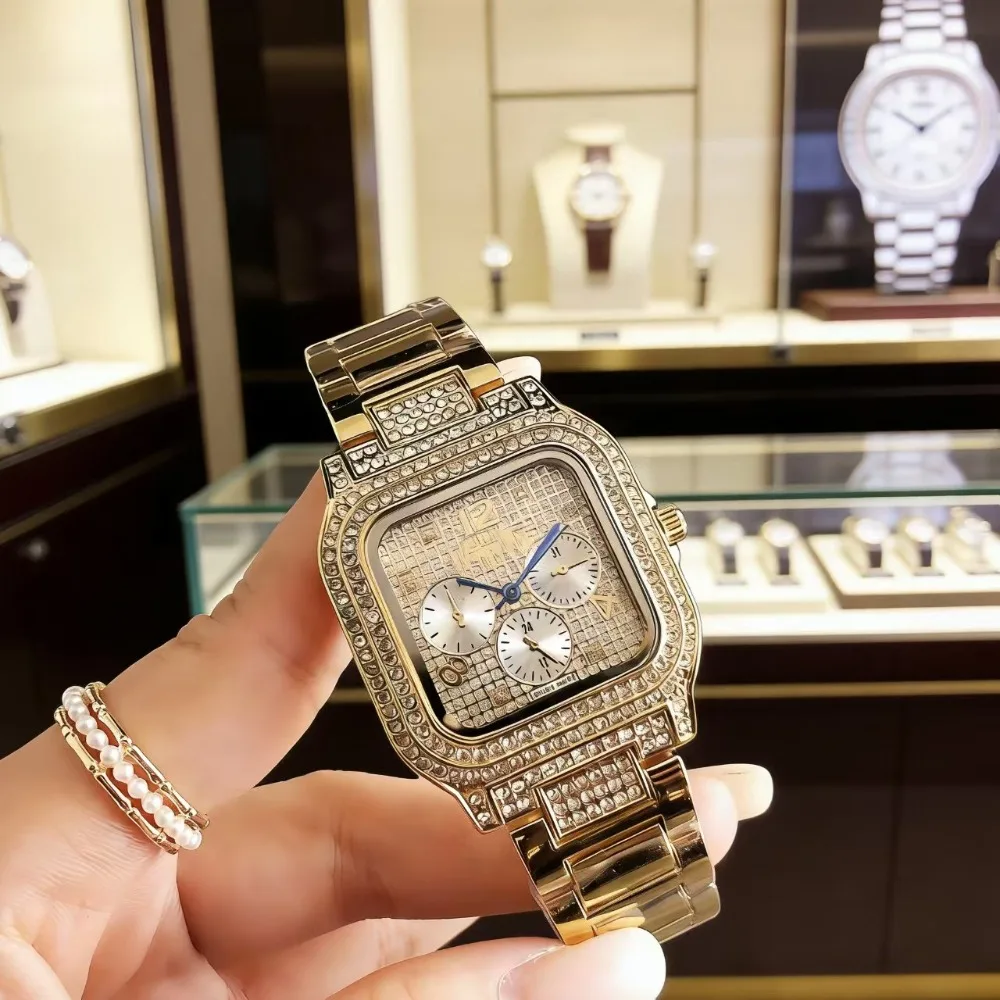 Luxury Gold Tone Women's Chronograph Watch Full Diamond Encrusted Square Dial Stainless Steel Bracelet
Luxury Gold Tone Women's Chronograph Watch Full Diamond Encrusted Square Dial Stainless Steel Bracelet