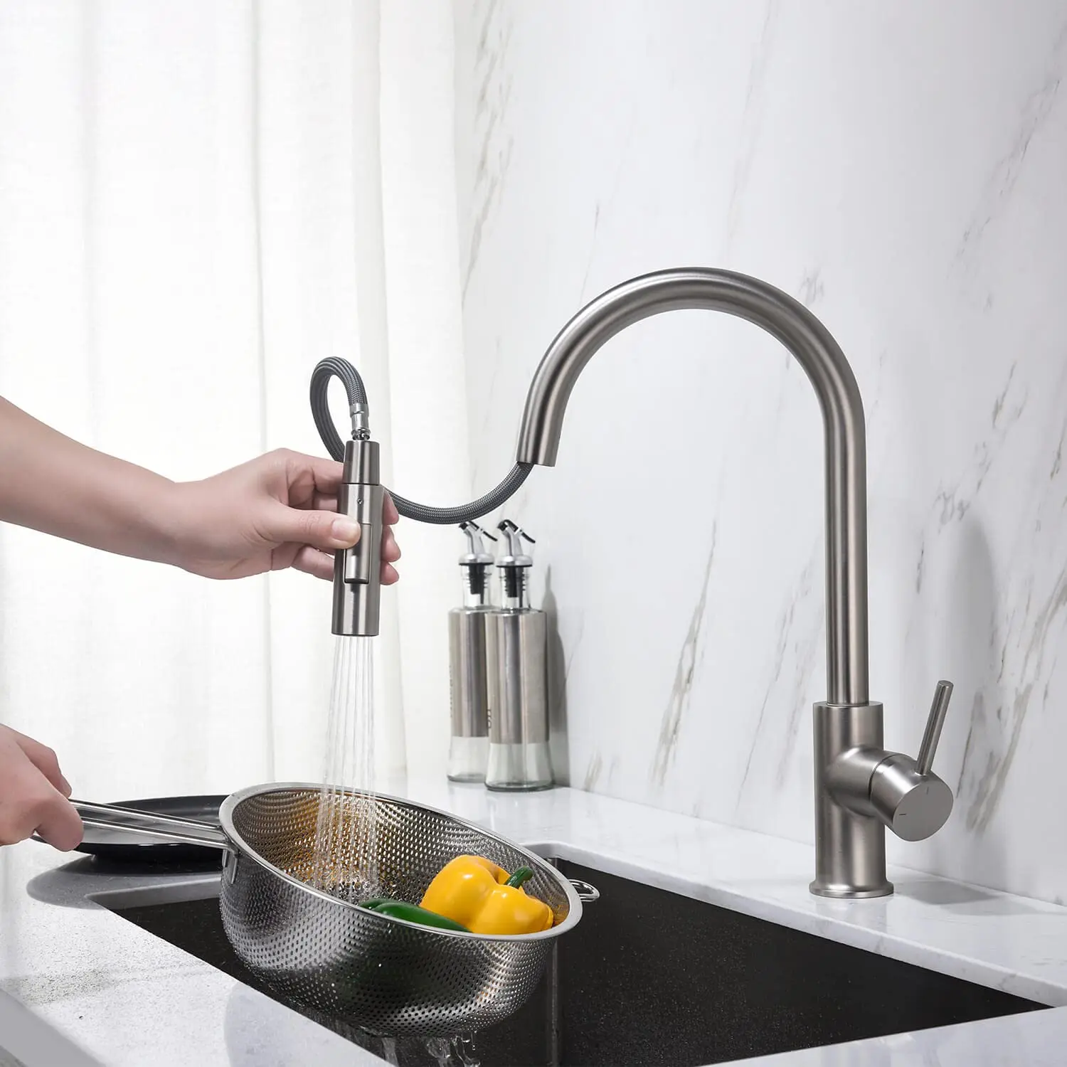 Pull-out Kitchen Faucet, Brushed Nickel/black Single Handle Kitchen Sink Faucet with High Arc Sprayer, Dual Function Spray Head
Pull-out Kitchen Faucet, Brushed Nickel/black Single Handle Kitchen Sink Faucet with High Arc Sprayer, Dual Function Spray Head