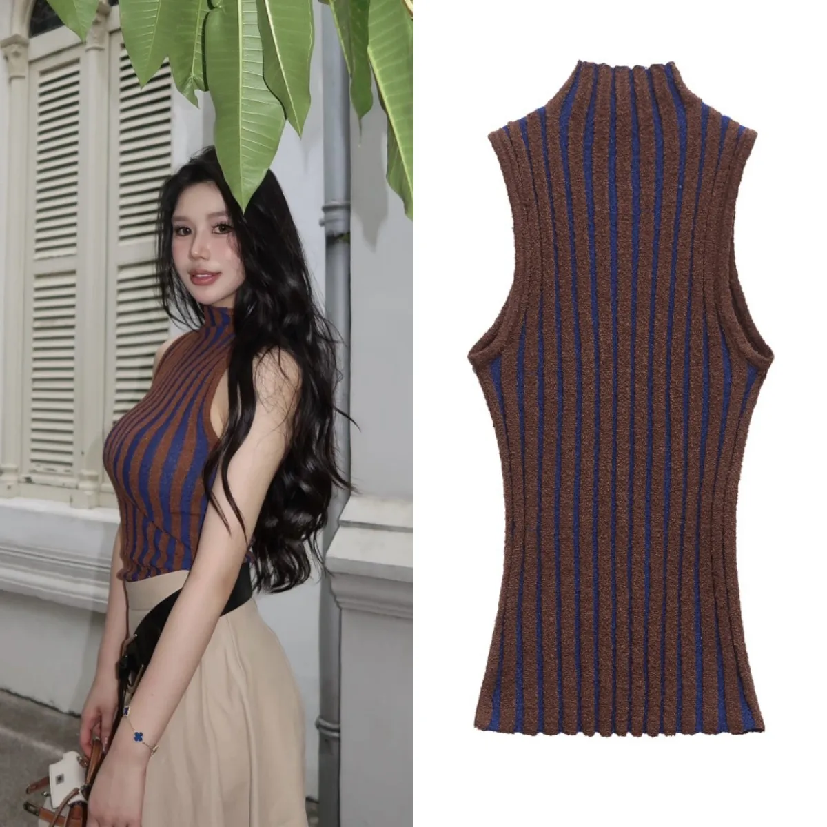 ETJ 2025 TRAF Summer New women's retro fashion semi-high neck color patchwork striped sleeveless simple knit top
ETJ 2025 TRAF Summer New women's retro fashion semi-high neck color patchwork striped sleeveless simple knit top
