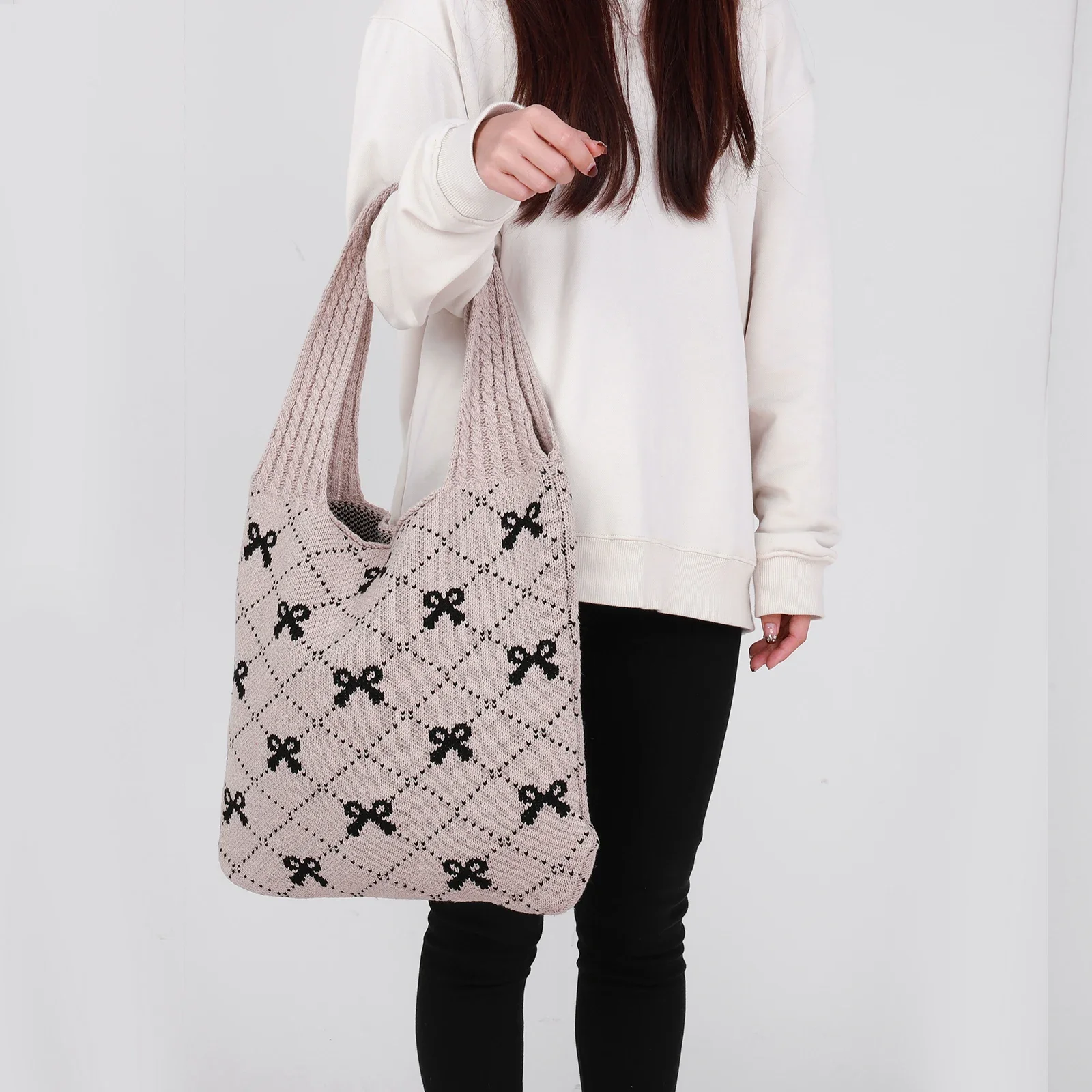 Women Crochet Tote Handbag Bow Printed Knitting Shoulder Bag Large Capacity Travel Shopping Handbag Ladies Daily Handbag
Women Crochet Tote Handbag Bow Printed Knitting Shoulder Bag Large Capacity Travel Shopping Handbag Ladies Daily Handbag