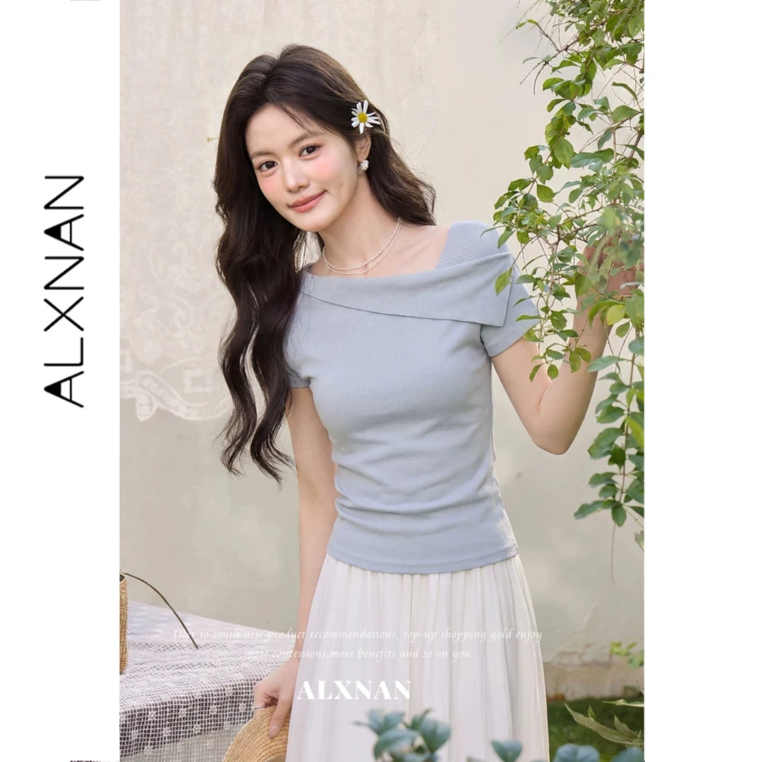 ALXNAN 2026 Light Blue T-shirt Asymmetrical Neck Knit Fabric Short Sleeve T-shirts Summer Elegant Casual Female Tees L63636A
ALXNAN 2026 Light Blue T-shirt Asymmetrical Neck Knit Fabric Short Sleeve T-shirts Summer Elegant Casual Female Tees L63636A