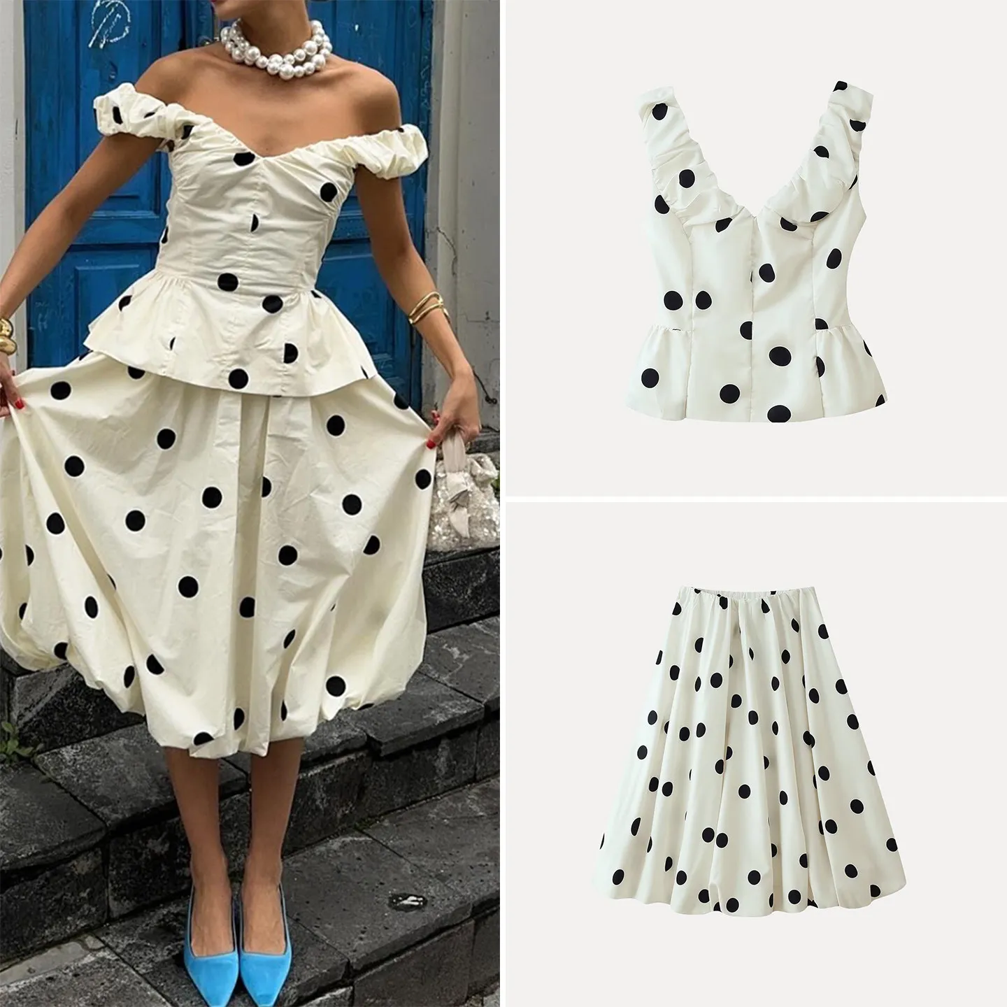Fashionable Simple Polka Dot V-neck Top And Flower Bud Half Skirt Set Women's Clothing 2026 New Summer Outfit Elegant Skirt
Fashionable Simple Polka Dot V-neck Top And Flower Bud Half Skirt Set Women's Clothing 2026 New Summer Outfit Elegant Skirt