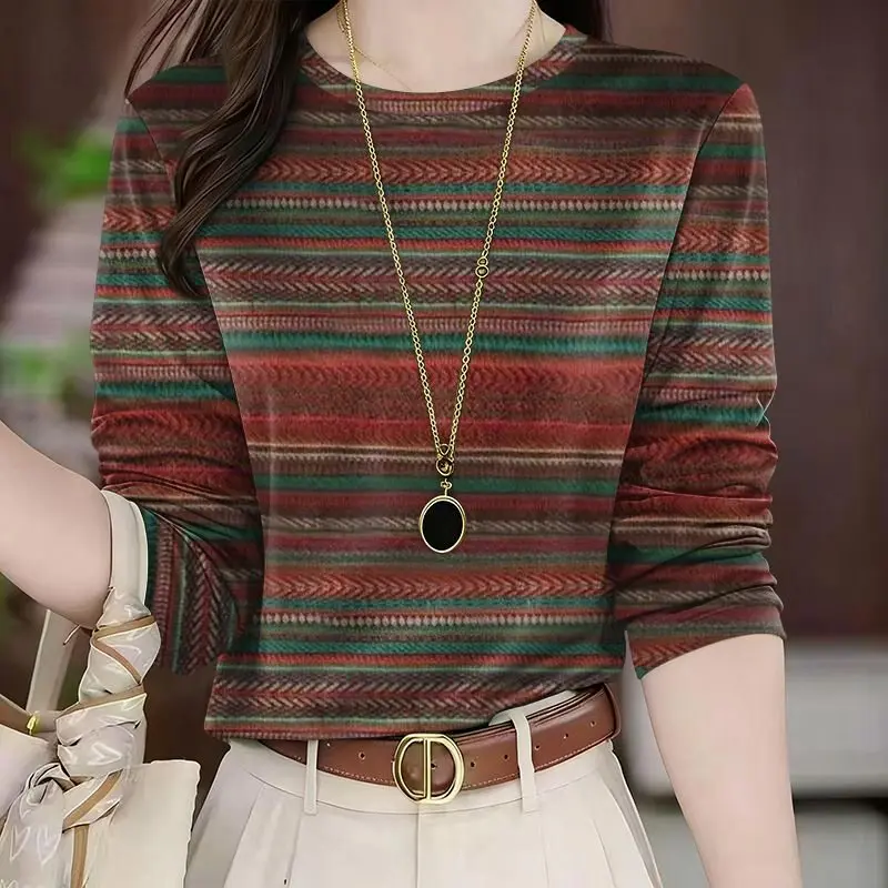 High-End Striped Long Sleeve round Neck Base Shirt Women's Maternity Wear Tummy Covering Anti-Aging Top Casual Polyester Fiber
High-End Striped Long Sleeve round Neck Base Shirt Women's Maternity Wear Tummy Covering Anti-Aging Top Casual Polyester Fiber