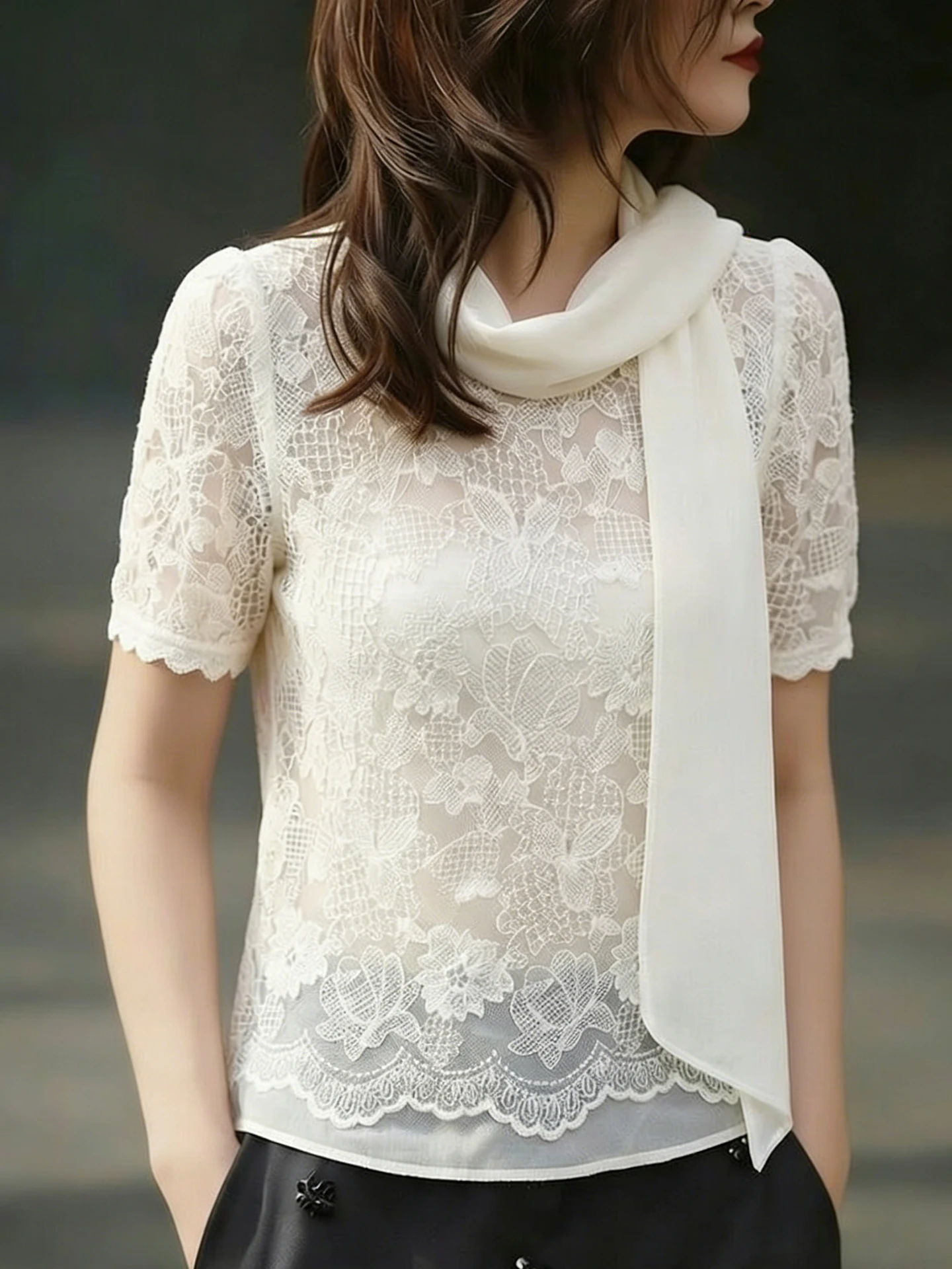 Unique Design Lace Top Short Sleeve Loose Women's Shirt Commute Fashion Summer Versatile Korean Style Straight Cut Silk Blend
Unique Design Lace Top Short Sleeve Loose Women's Shirt Commute Fashion Summer Versatile Korean Style Straight Cut Silk Blend
