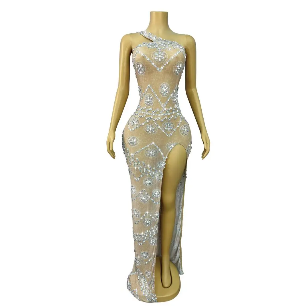 Liulunhua Womens Luxury One Shoulder Silver Rhinestone Sheer Mesh Bodycon Maxi Dress With High Slit Evening Party Prom Gowns
Liulunhua Womens Luxury One Shoulder Silver Rhinestone Sheer Mesh Bodycon Maxi Dress With High Slit Evening Party Prom Gowns