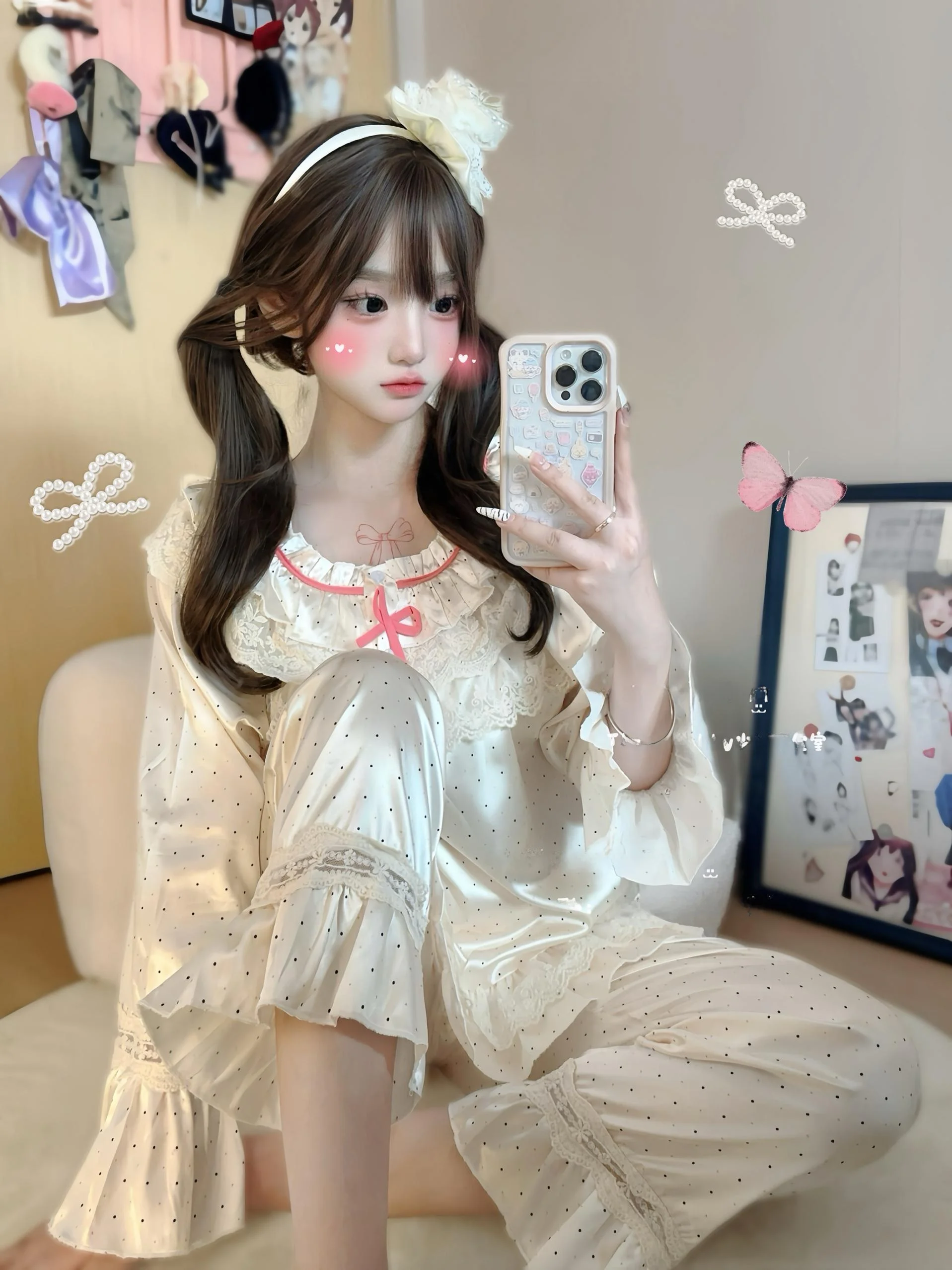 Miubby Princess Sister Korean Style Sweet Polka Dot Long Sleeve Ice Silk Sleepwear Set Lace Pure Desire Home Clothes
Miubby Princess Sister Korean Style Sweet Polka Dot Long Sleeve Ice Silk Sleepwear Set Lace Pure Desire Home Clothes