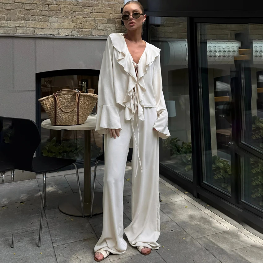 Linad Casual Loose Apricot Outfits Fashion Ruffles Flare Sleeve Blouse With High Waist Pant 2 Piece Sets Summer Long Pants Suits
Linad Casual Loose Apricot Outfits Fashion Ruffles Flare Sleeve Blouse With High Waist Pant 2 Piece Sets Summer Long Pants Suits