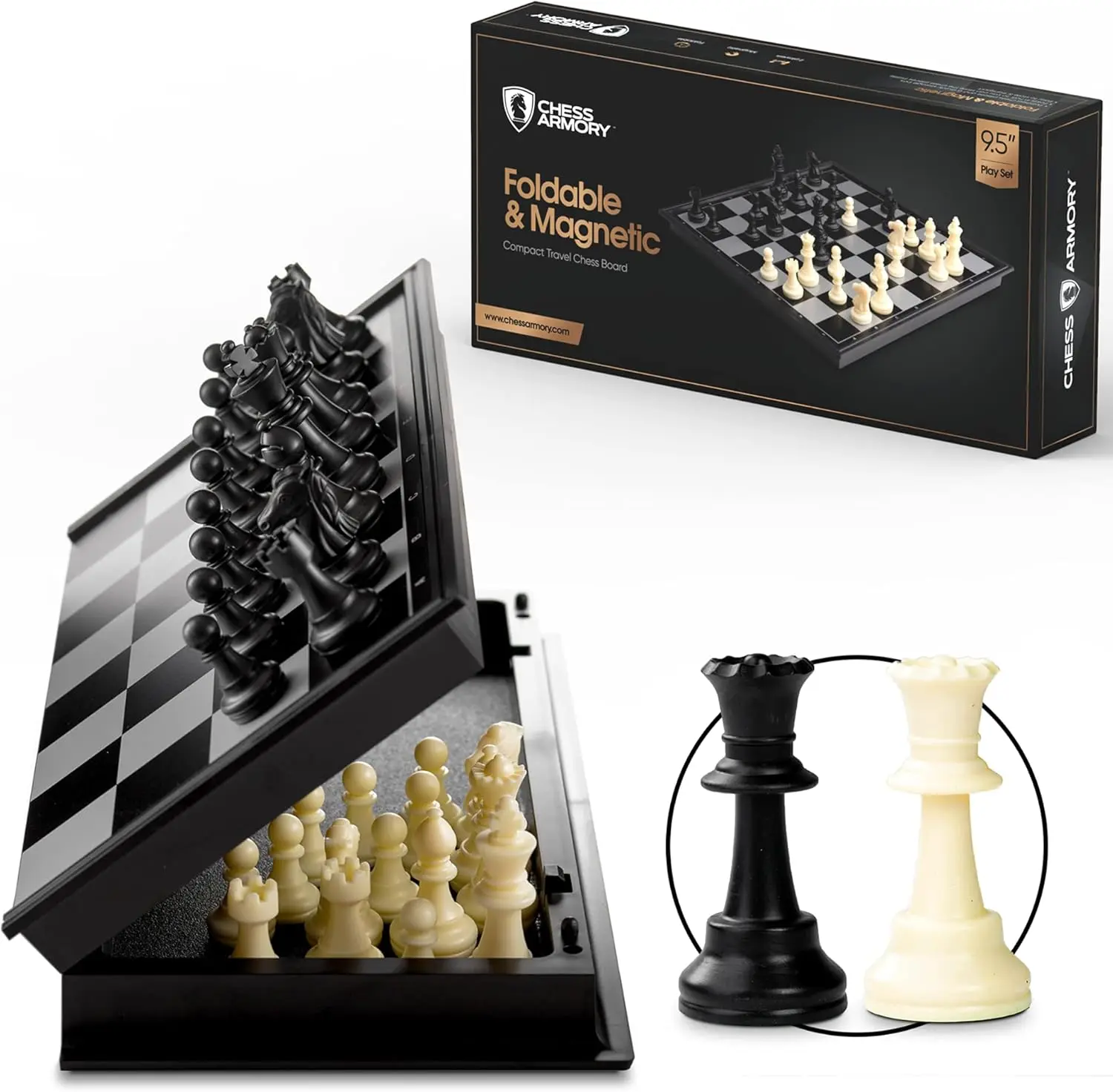 Magnetic Travel Chess Set 9.5" Folding Board with Storage & 2 Extra Queens
Magnetic Travel Chess Set 9.5" Folding Board with Storage & 2 Extra Queens