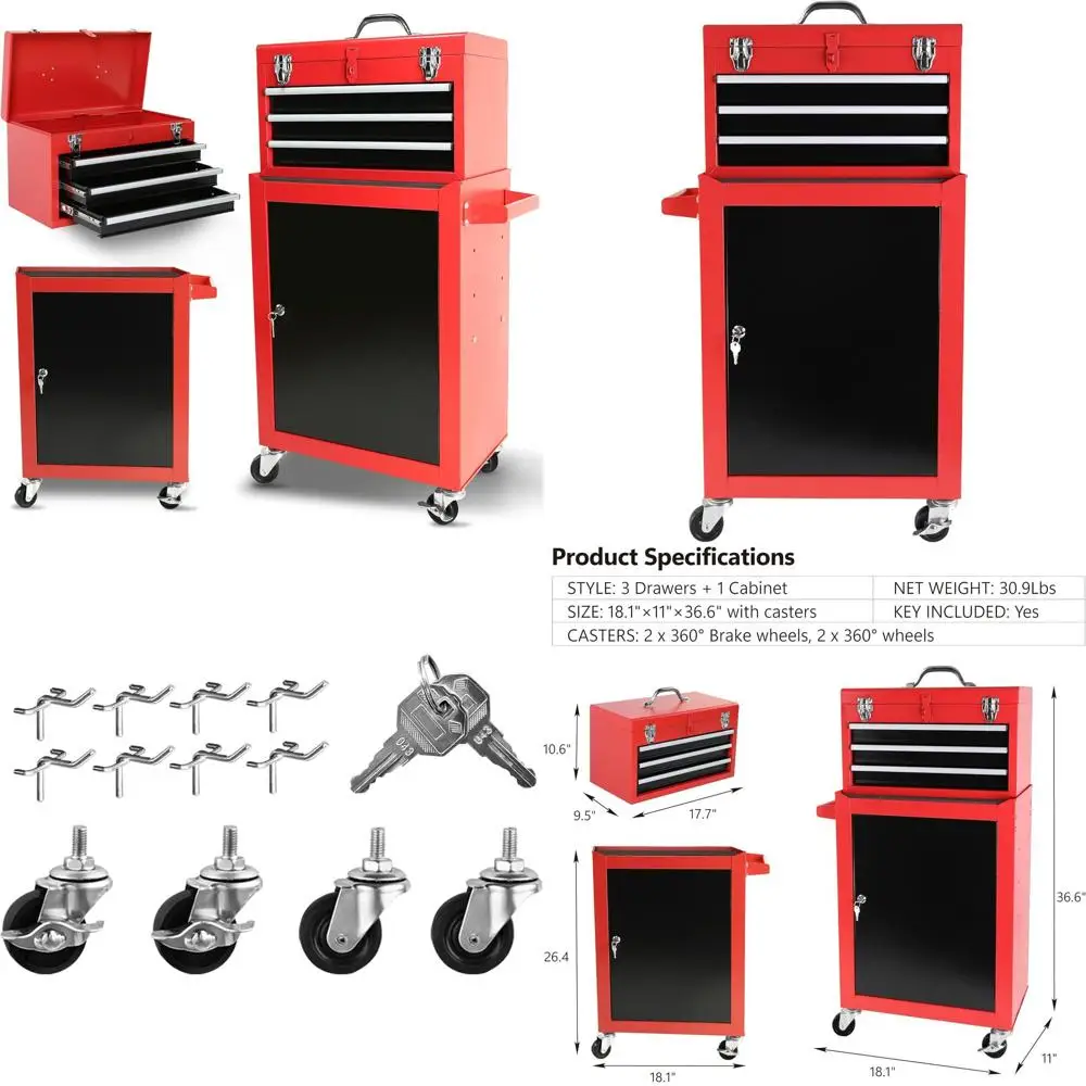 Портативный комод для инструментов с 3 ящиками и запирающейся верхней коробкой и регулируемым шкафом для хранения для гаража и мастерской
Портативный комод для инструментов с 3 ящиками и запирающейся верхней коробкой и регулируемым шкафом для хранения для гаража и мастерской