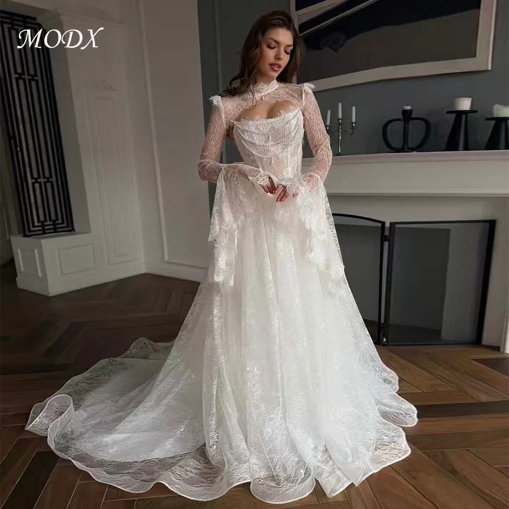 MODX Gothic High Neck Long Sleeve Lace Wedding Dress with Gloves Cathedral Train See Through Bridal Gown Vintage Victorian Style
MODX Gothic High Neck Long Sleeve Lace Wedding Dress with Gloves Cathedral Train See Through Bridal Gown Vintage Victorian Style