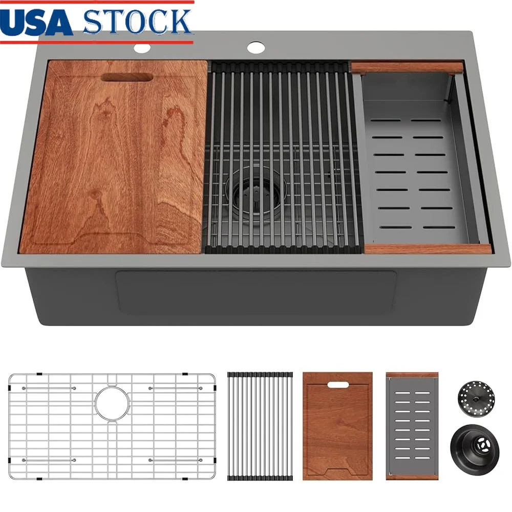 33 Inch Stainless Steel Drop In Workstation Kitchen Sink Single Bowl Topmount Noise Reduction Cutting Board Included
33 Inch Stainless Steel Drop In Workstation Kitchen Sink Single Bowl Topmount Noise Reduction Cutting Board Included