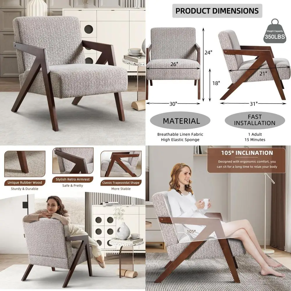 Mid Century Modern Wood Frame Accent Chair with Upholstered Linen Fabric for Living Room Reading
Mid Century Modern Wood Frame Accent Chair with Upholstered Linen Fabric for Living Room Reading