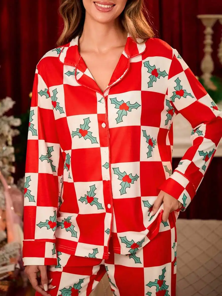Women Christmas Pajamas Set Checkerboard Holly Print Long Sleeve Button Down Sleepwear Loungewear
Women Christmas Pajamas Set Checkerboard Holly Print Long Sleeve Button Down Sleepwear Loungewear