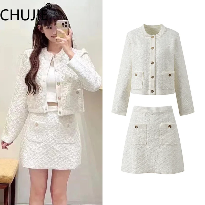Women's French Knit Set 2025 - Sweet White Cardigan & High Waist Skirt, Round Neck Spring Outfit
Women's French Knit Set 2025 - Sweet White Cardigan & High Waist Skirt, Round Neck Spring Outfit
