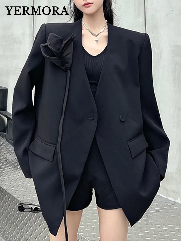 YERMORA Black Flower Ribbon Casual Blazer For Women V-neck Long Sleeve Loose New Jacket Fashion Tide Spring Summer 2025
YERMORA Black Flower Ribbon Casual Blazer For Women V-neck Long Sleeve Loose New Jacket Fashion Tide Spring Summer 2025