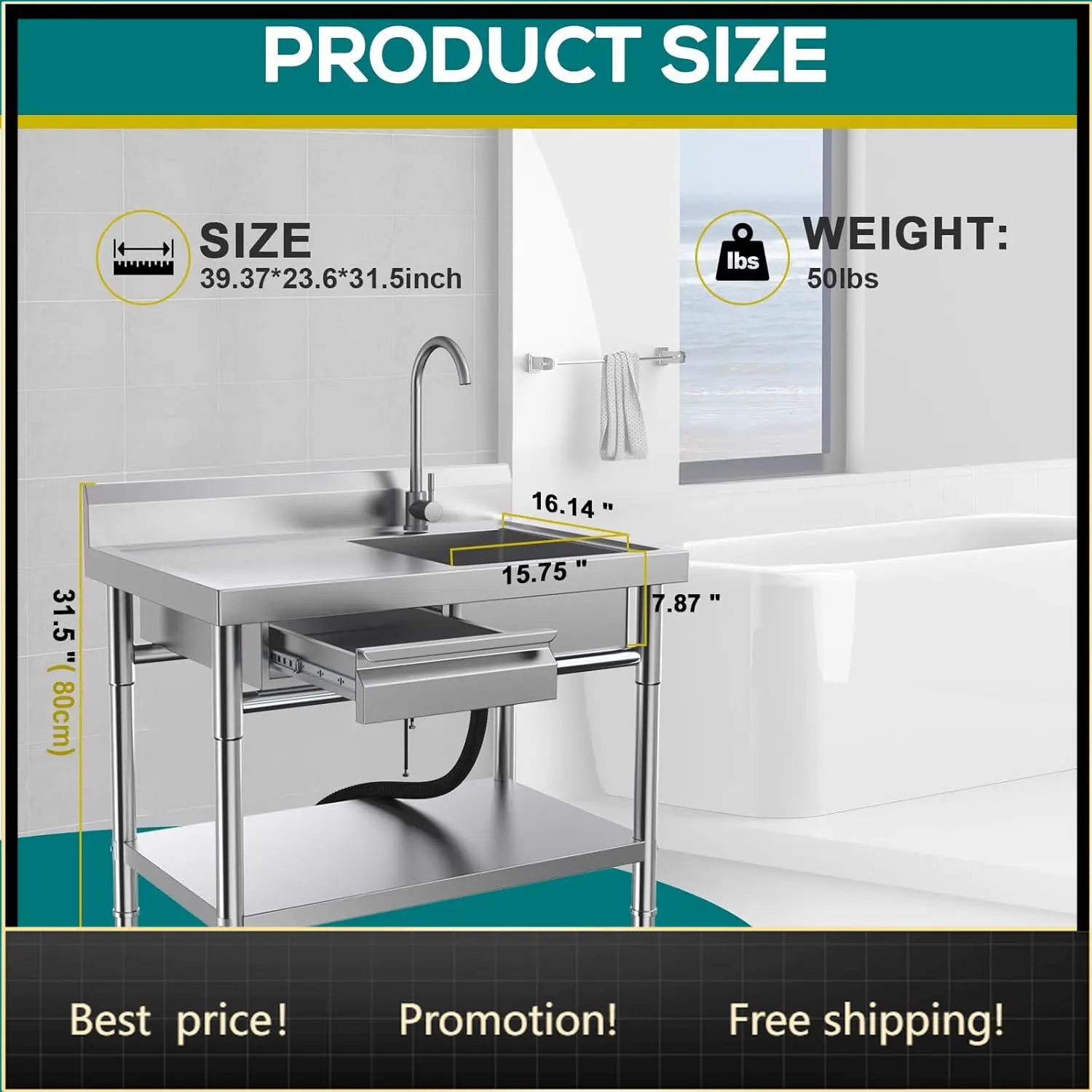 Stainless Steel Utility Sink, Commercial Kitchen Sink, 39.9'' Free Standing Single Bowl Sink with Drawer & Cold and Hot Water Pi
Stainless Steel Utility Sink, Commercial Kitchen Sink, 39.9'' Free Standing Single Bowl Sink with Drawer & Cold and Hot Water Pi