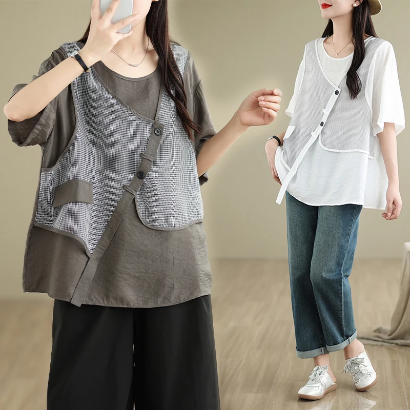 Women Summer New Fashion Fake Two-piece Short-sleeved Loose T-shirt Korean Irregular Tops Tees Casual Streetwear Kpop Harajuku
Women Summer New Fashion Fake Two-piece Short-sleeved Loose T-shirt Korean Irregular Tops Tees Casual Streetwear Kpop Harajuku