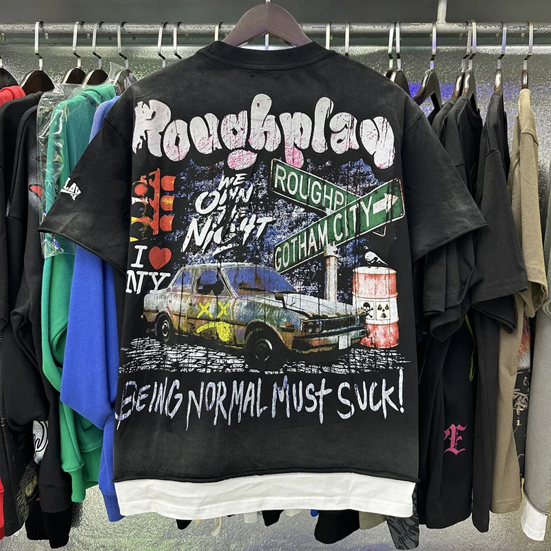 2025 Fashion New ROUGHPLAY T-shirt High Street Retro Graffiti Car Print Short Sleeve Hot Diamond Splicing Rough Play Top Tee
2025 Fashion New ROUGHPLAY T-shirt High Street Retro Graffiti Car Print Short Sleeve Hot Diamond Splicing Rough Play Top Tee