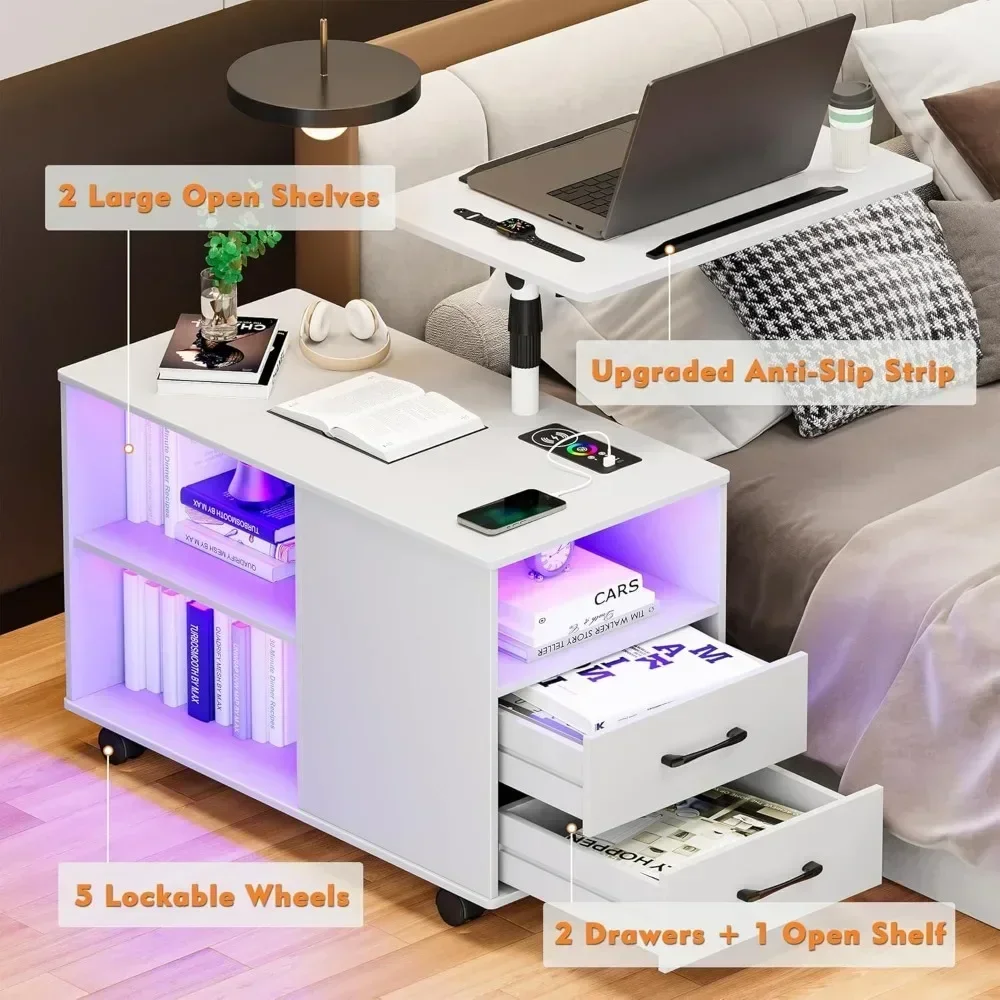 360° LED Nightstand with Wireless Charging Station Movable Adjustable Bedside Table with Laptop Tray