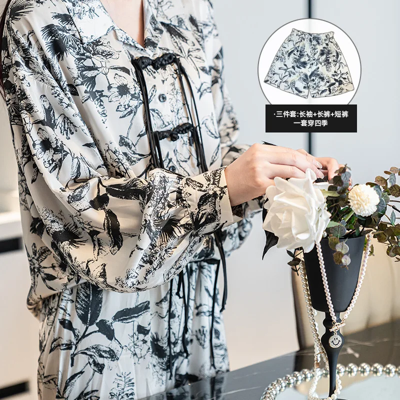 Three Pajamas Set Chinese Buttons Long Sleeve Shirt Pants Shorts Spring Printed Satin Sleepwear Women Nightsuits Loungewear
Three Pajamas Set Chinese Buttons Long Sleeve Shirt Pants Shorts Spring Printed Satin Sleepwear Women Nightsuits Loungewear