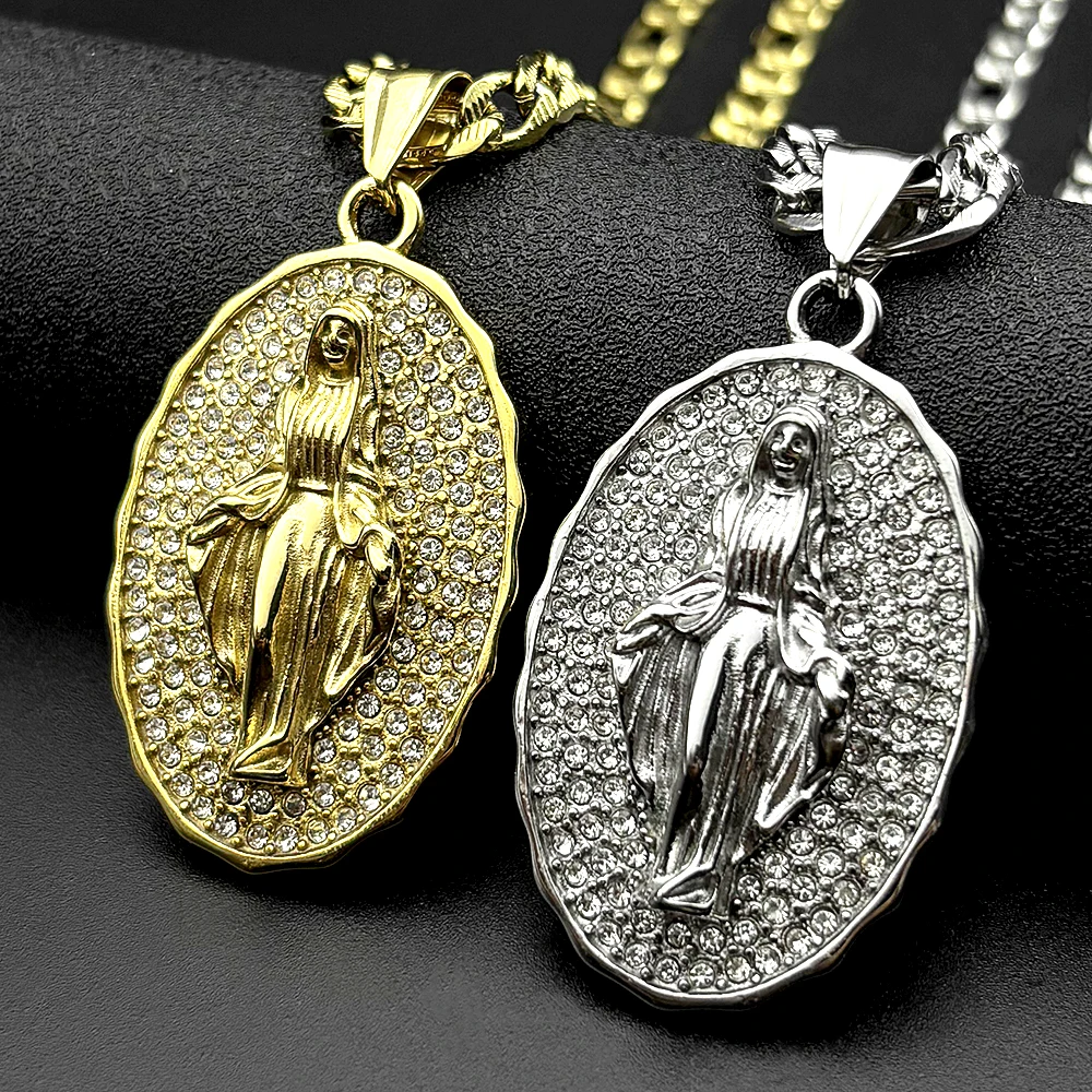 Virgin Mary Rhinestones Medal Oval Pendant Necklace for Women Men Stainless Steel Gold Color Catholic Amulet Chain Jewelry Gift
Virgin Mary Rhinestones Medal Oval Pendant Necklace for Women Men Stainless Steel Gold Color Catholic Amulet Chain Jewelry Gift
