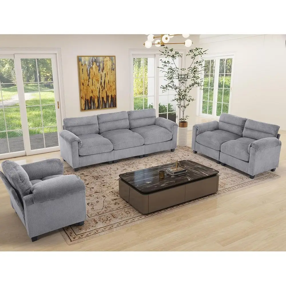 Plush Cushioned Upholstered Armchair, Loveseat, 3-Seater Sofa Set with Rolled Arms, Grey Living Room Furniture
Plush Cushioned Upholstered Armchair, Loveseat, 3-Seater Sofa Set with Rolled Arms, Grey Living Room Furniture