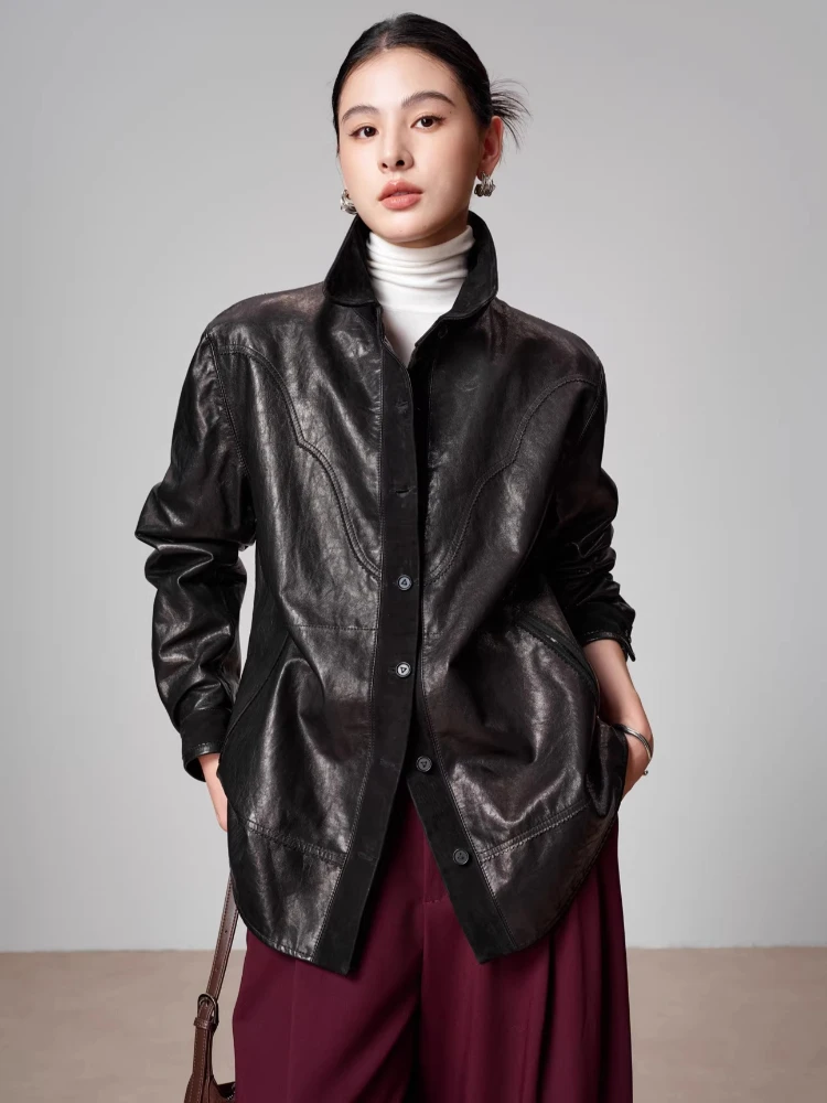 Casual Black Genuine Leather Jackets for Women Spring Autumn 2026 High-end Simple Loose Soft Oil Wax Real Goatskin Leather Coat
Casual Black Genuine Leather Jackets for Women Spring Autumn 2026 High-end Simple Loose Soft Oil Wax Real Goatskin Leather Coat