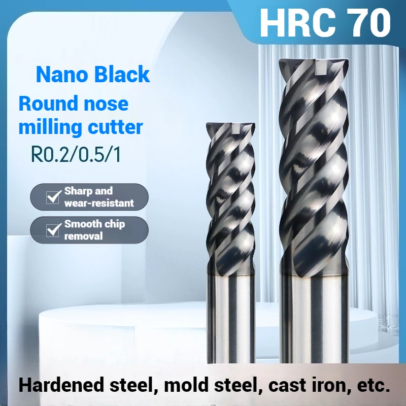 HRC 70 Nano Black Coated 4 Flutes Carbide End Mill R0.1235 Spiral HRC70 Tungsten Milling Cutter
HRC 70 Nano Black Coated 4 Flutes Carbide End Mill R0.1235 Spiral HRC70 Tungsten Milling Cutter