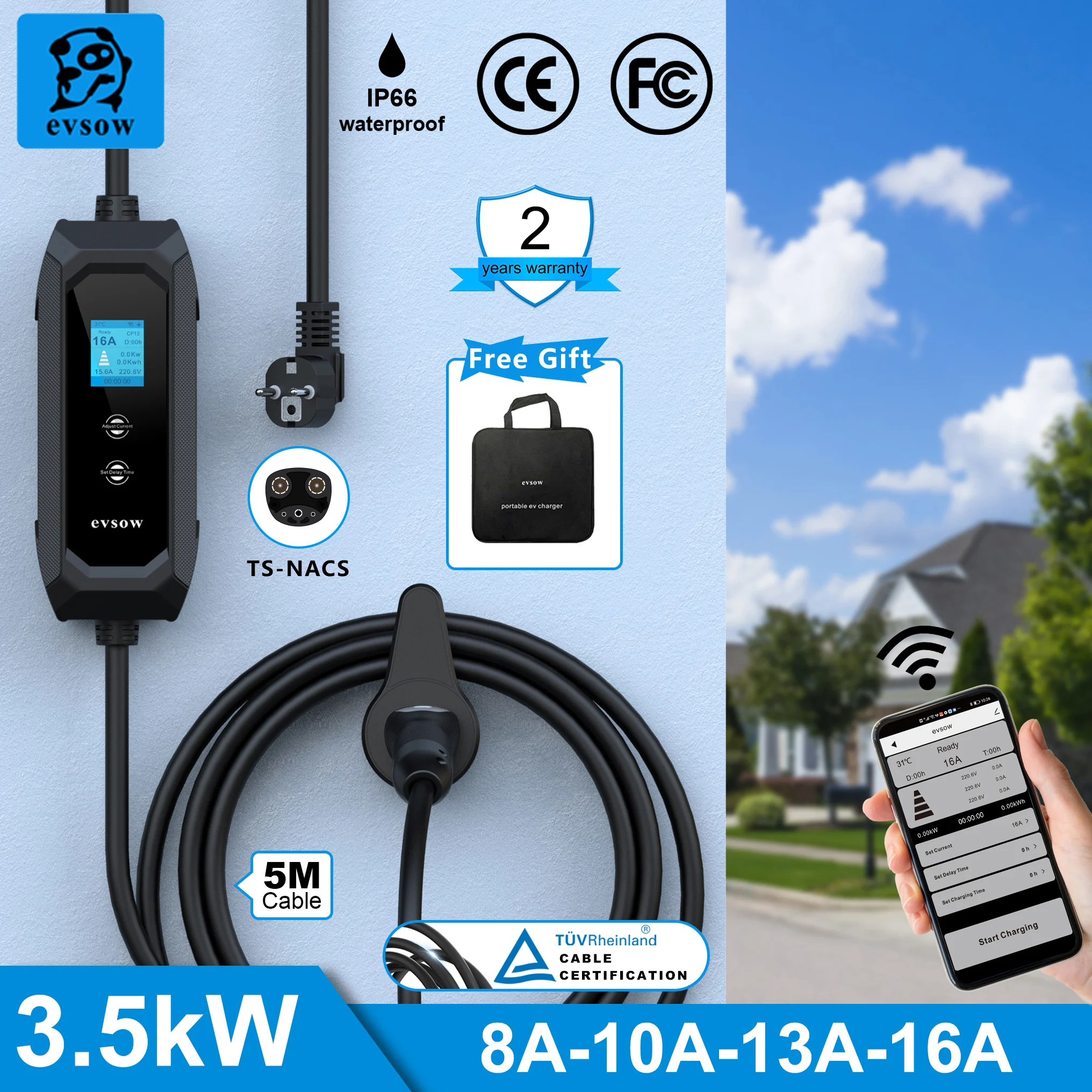 evsow 3.5kW Portable EV Charger For Tesla Y/S WIFI APP Control 1P 16A Adjustable Current&Set Charging Time Electric Car Charger
evsow 3.5kW Portable EV Charger For Tesla Y/S WIFI APP Control 1P 16A Adjustable Current&Set Charging Time Electric Car Charger