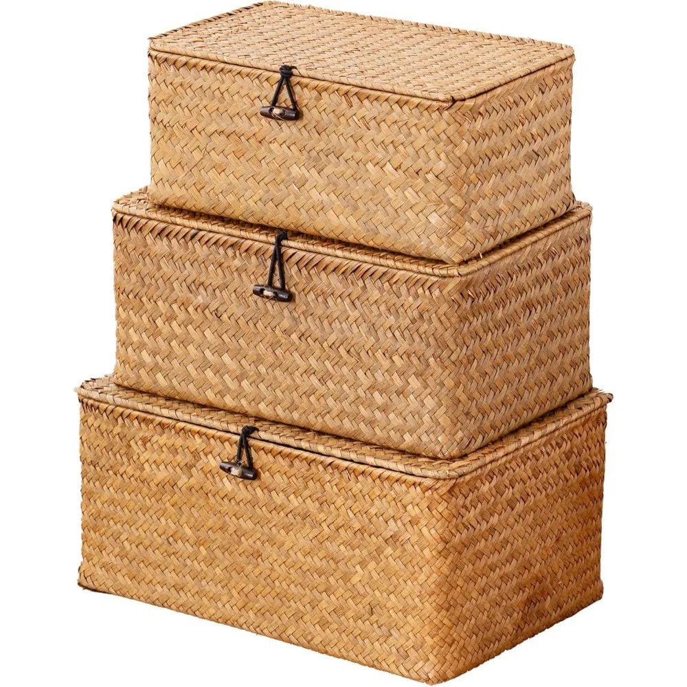 Natural seagrass lidded baskets set of three rectangular multipurpose storage for shelf boho home organization
Natural seagrass lidded baskets set of three rectangular multipurpose storage for shelf boho home organization