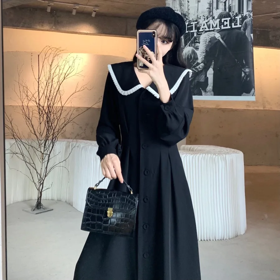 【New Arrival】Black Sailor Collar Midi Dress, Long Sleeve with Lace Trim & Button Front, Casual & Preppy Wear
【New Arrival】Black Sailor Collar Midi Dress, Long Sleeve with Lace Trim & Button Front, Casual & Preppy Wear