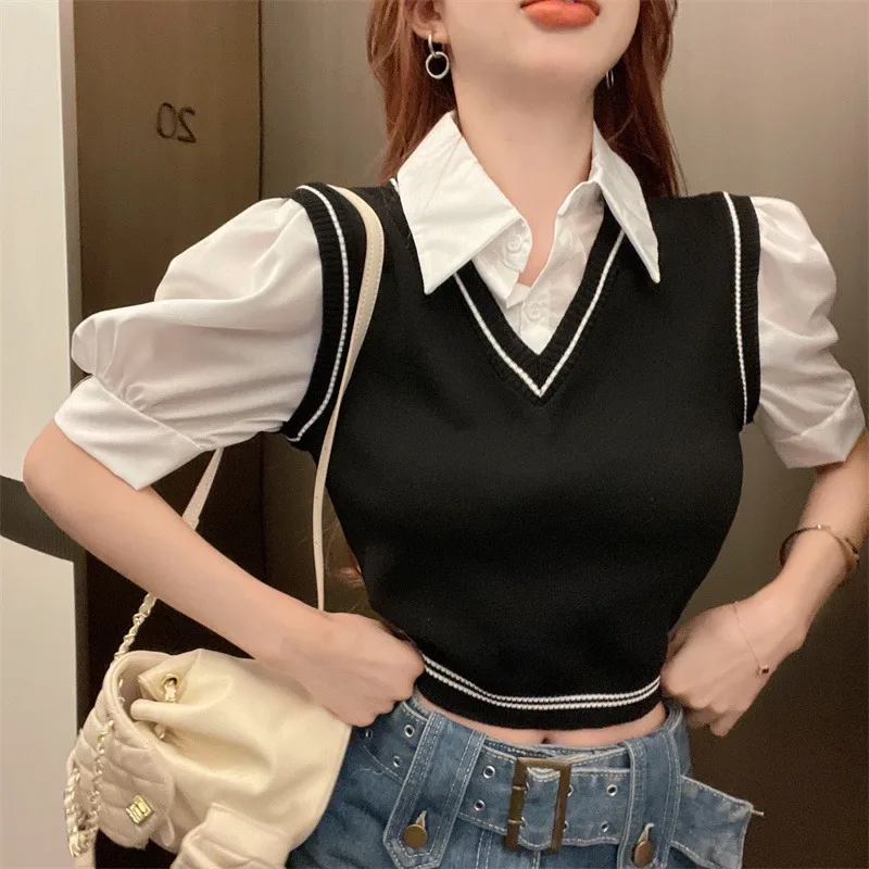 Summer Chic Hong Kong Style Retro Shirt Fake Two-Piece Bubble Sleeve Short-Length Fashionable Sun Protection Women's Top
Summer Chic Hong Kong Style Retro Shirt Fake Two-Piece Bubble Sleeve Short-Length Fashionable Sun Protection Women's Top