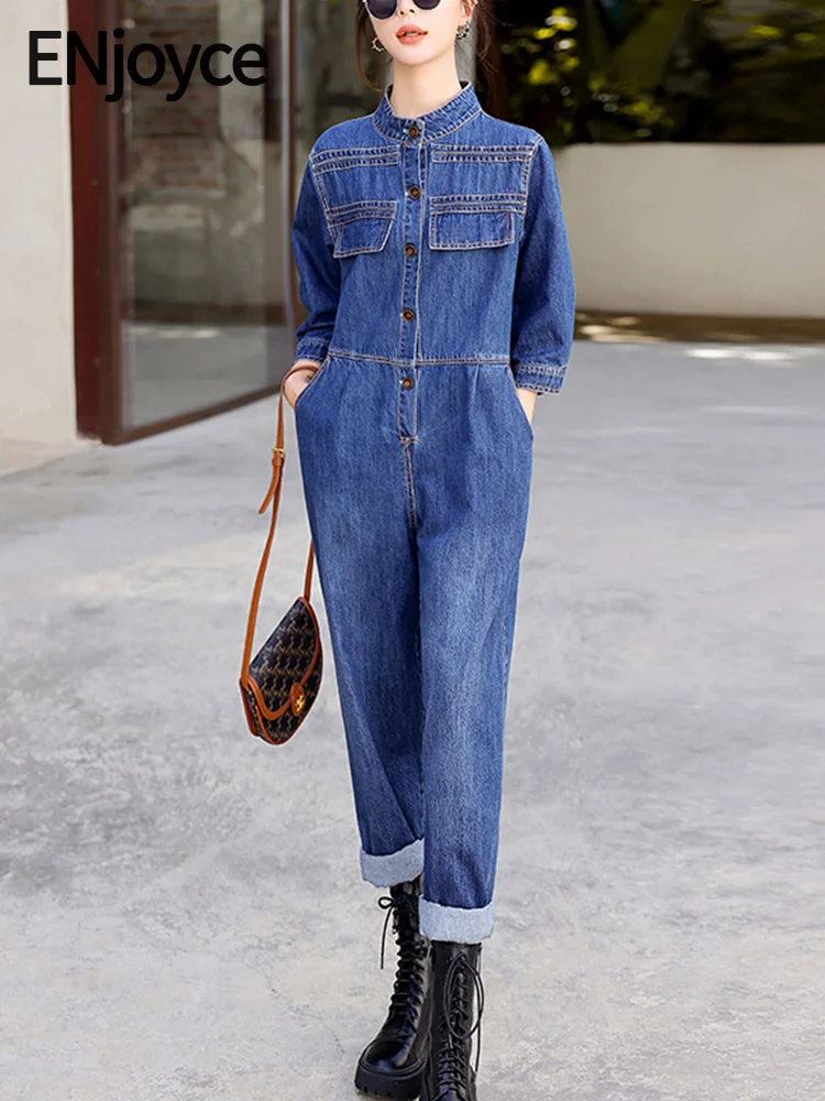 ENjoyce Women Single Breasted Stand Collar Denim Jumpsuit Koran Fashion Slim Jeans Straight Leg Casual Overalls Romper Body Suit
ENjoyce Women Single Breasted Stand Collar Denim Jumpsuit Koran Fashion Slim Jeans Straight Leg Casual Overalls Romper Body Suit