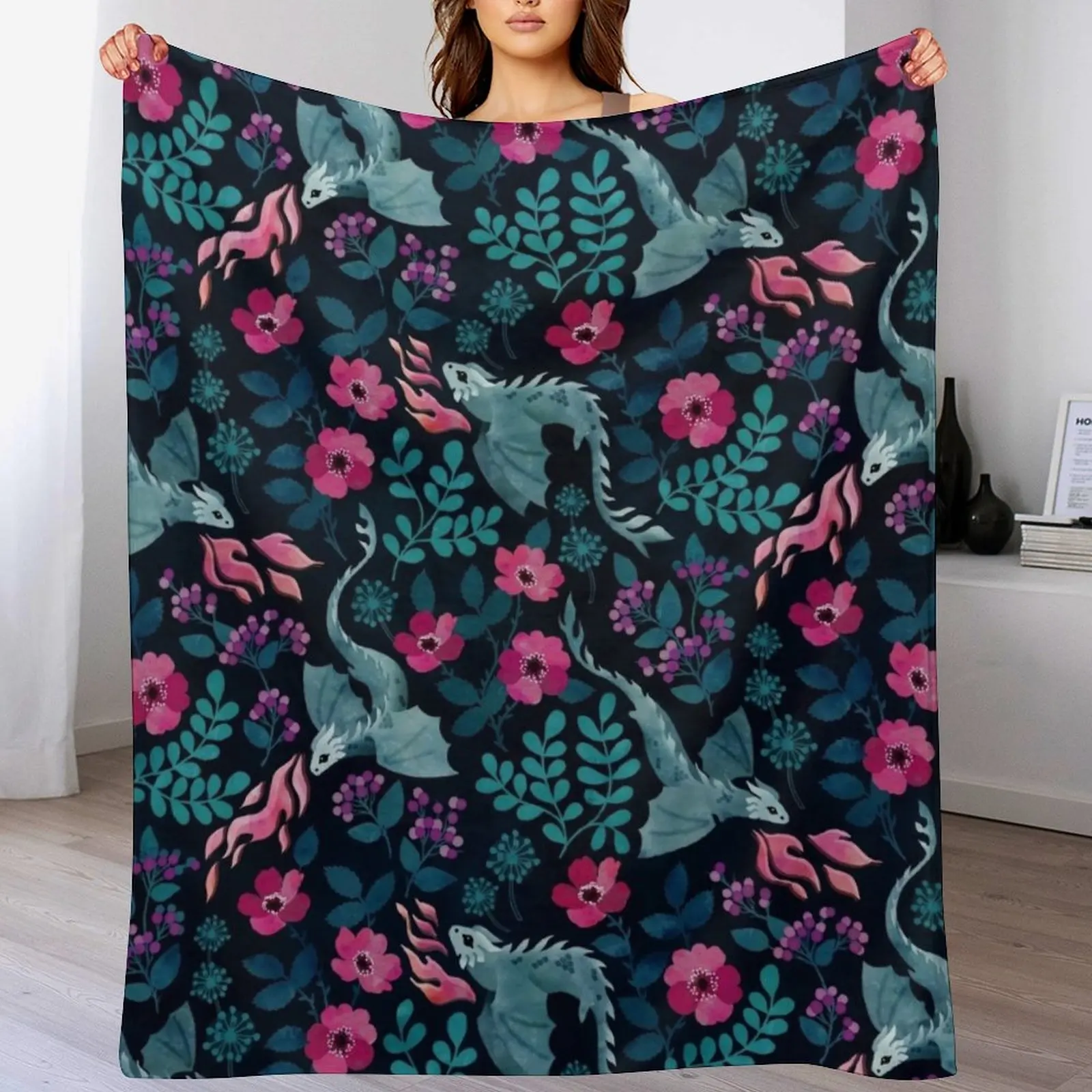 Dragons floral in dark jewel tones Throw Blanket Stain Resistant Cozy Warm Blanket
Dragons floral in dark jewel tones Throw Blanket Stain Resistant Cozy Warm Blanket