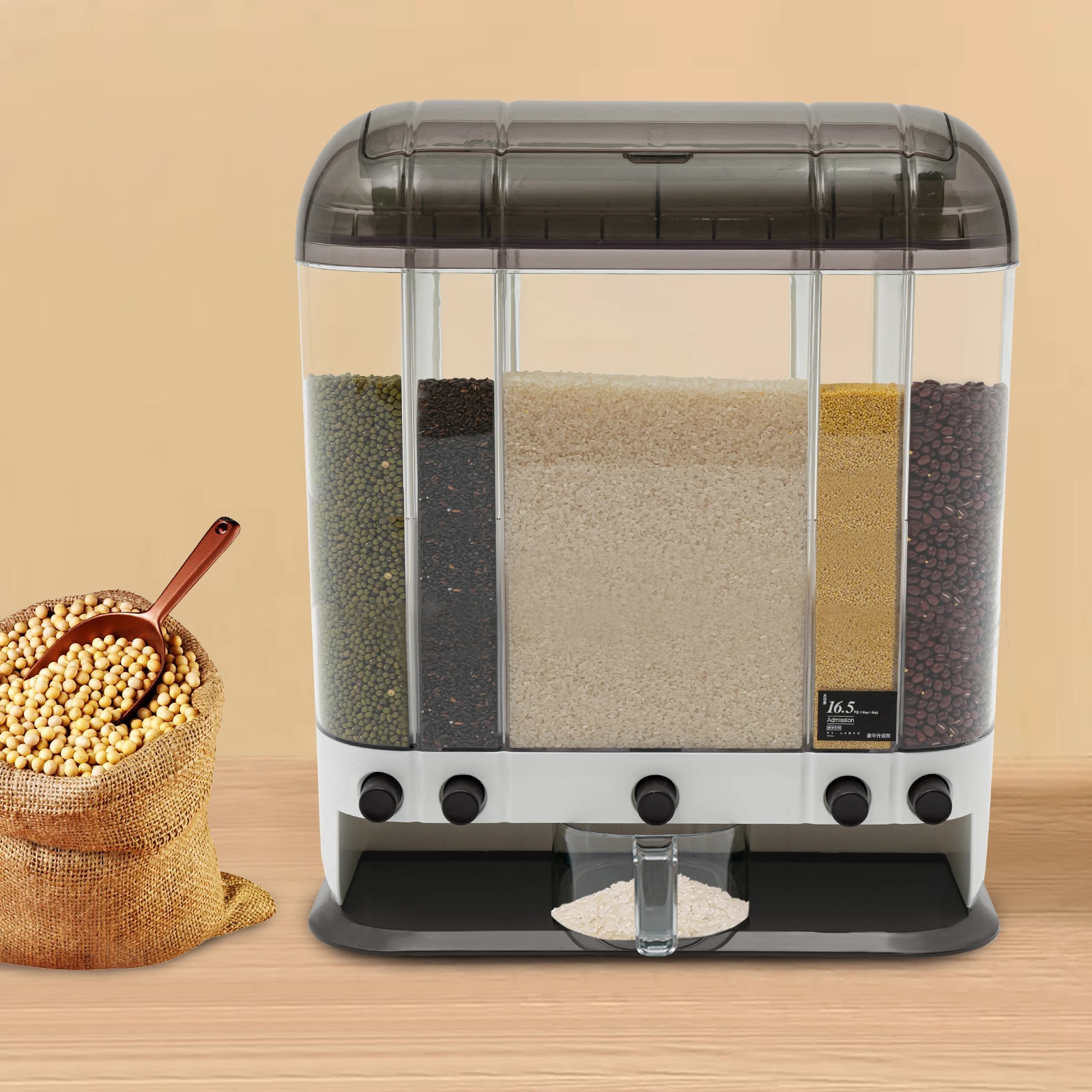 5 Grids Removable Dry Food Dispenser, Rice Dispenser with Measuring Cup, Tabletop Grain Storage Container for Grains, 42*18*49cm
5 Grids Removable Dry Food Dispenser, Rice Dispenser with Measuring Cup, Tabletop Grain Storage Container for Grains, 42*18*49cm