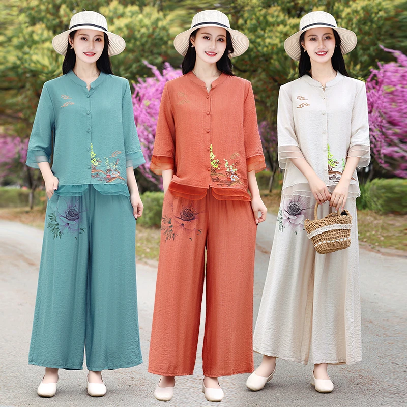 Women's Cotton and Hemp Set Plus Size Summer Half Sleeve Tops Vintage Print 2024 New Multi Color Women Sportswear Two-Piece Sets 
Women's Cotton and Hemp Set Plus Size Summer Half Sleeve Tops Vintage Print 2024 New Multi Color Women Sportswear Two-Piece Sets