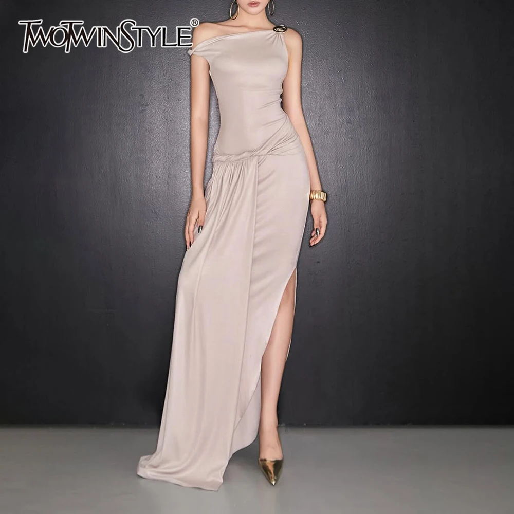 TWOTWINSTYLE Slimming Spliced Folds Irregular Dresses for Women Diagonal Collar Off Shoulder Split Elegant Dress Female Fashion
TWOTWINSTYLE Slimming Spliced Folds Irregular Dresses for Women Diagonal Collar Off Shoulder Split Elegant Dress Female Fashion