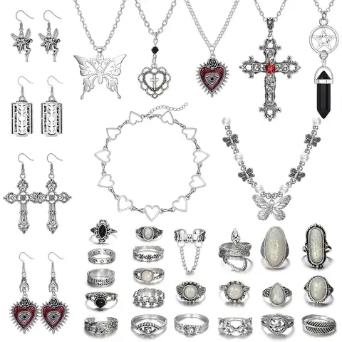 33Pcs Grunge Vintage Punk Necklace Jewelry Set Gothic Earrings Fairy Butterfly Boho Crystal Y2k Cross Pendent Butterfly Heart Choker Goth Stackable Knuckle Rings Adjustable Y2k Accessories for Women Men