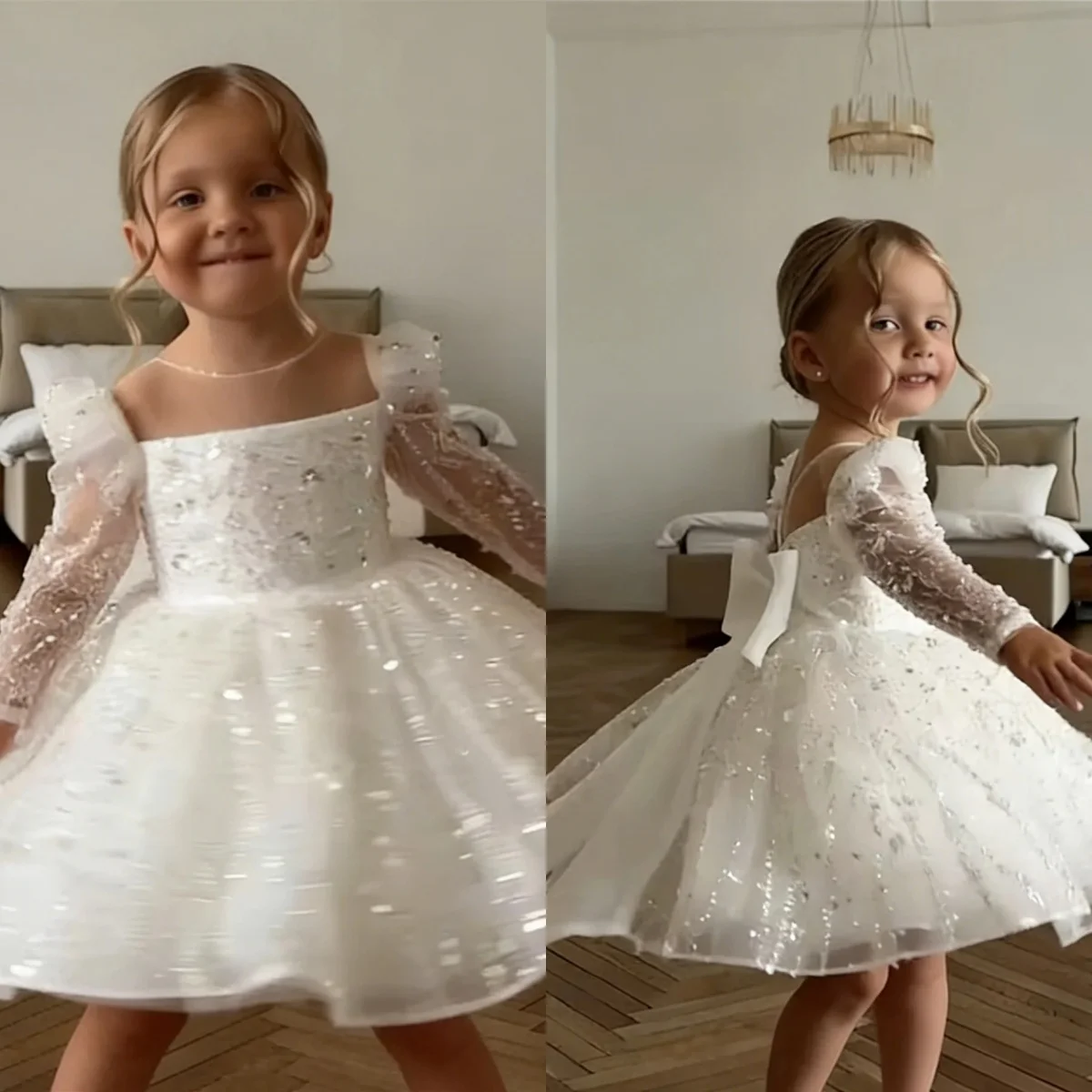 Customized White Sequins Flower Girl Dresses for Wedding With Bow Full Sleeves Girl Pageant Dress Kids Girl Party Birthday Gowns
Customized White Sequins Flower Girl Dresses for Wedding With Bow Full Sleeves Girl Pageant Dress Kids Girl Party Birthday Gowns