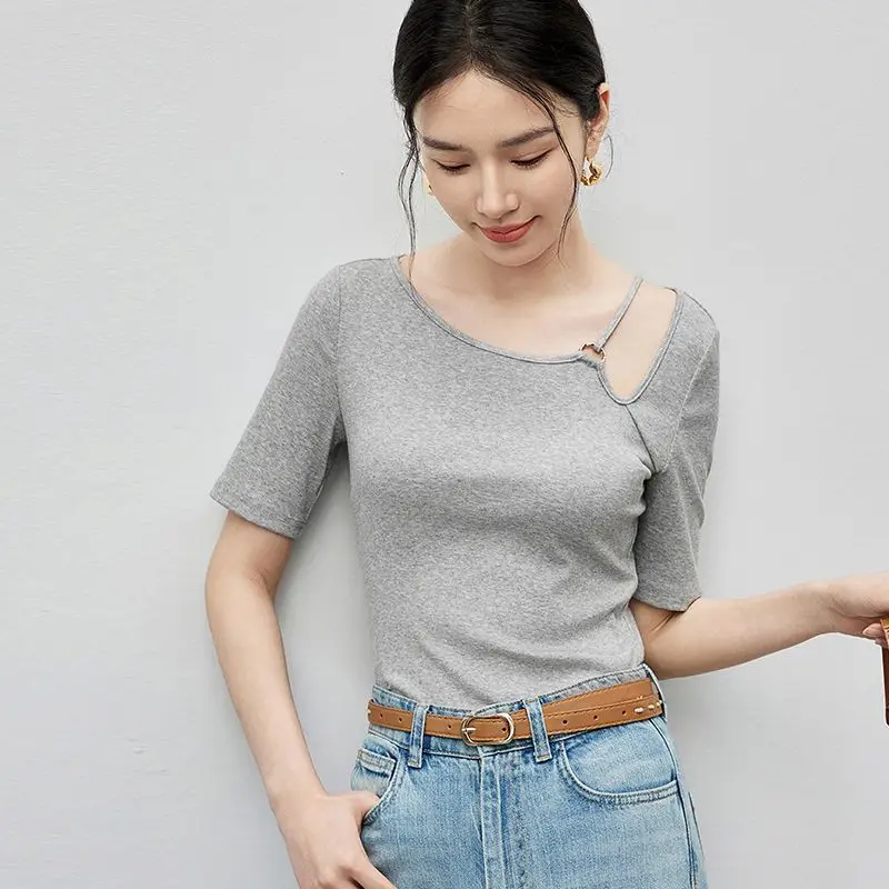 Women Cotton Asymmetric Neck Cut Out T Shirt Slim Fit Short Sleeve Casual Summer Top
Women Cotton Asymmetric Neck Cut Out T Shirt Slim Fit Short Sleeve Casual Summer Top