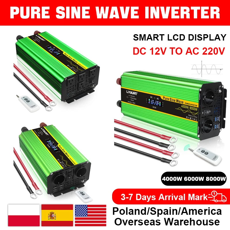 Pure Sine Wave Inverter 4000W 6000W 8000W Power Converter LCD Display DC12V 24V To AC 220V 110V Voltage Solar Power Car Inverter
Pure Sine Wave Inverter 4000W 6000W 8000W Power Converter LCD Display DC12V 24V To AC 220V 110V Voltage Solar Power Car Inverter