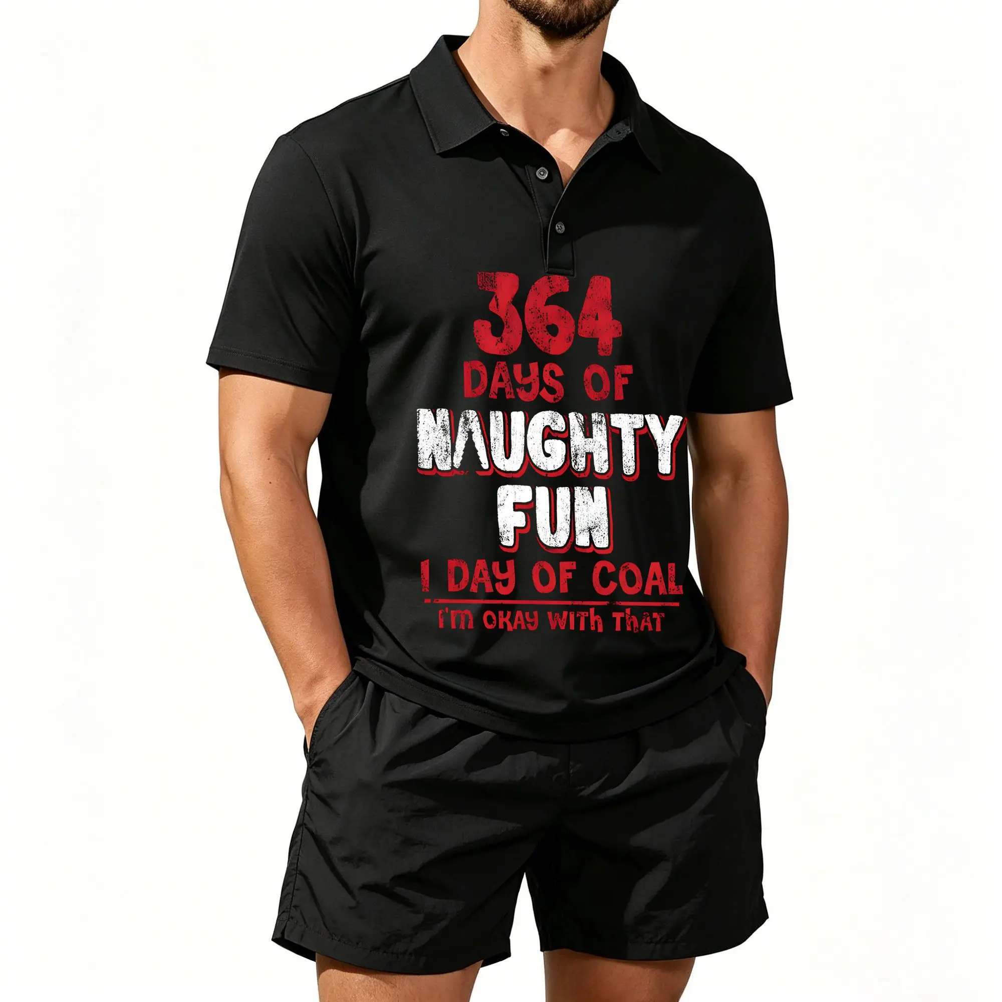 Men's Polo Shirt and Beach Shorts Set, 364 Days of Mischievous Fun, Christmas-Themed with Coal Design, Casual and Comfortable Fit
Men's Polo Shirt and Beach Shorts Set, 364 Days of Mischievous Fun, Christmas-Themed with Coal Design, Casual and Comfortable Fit