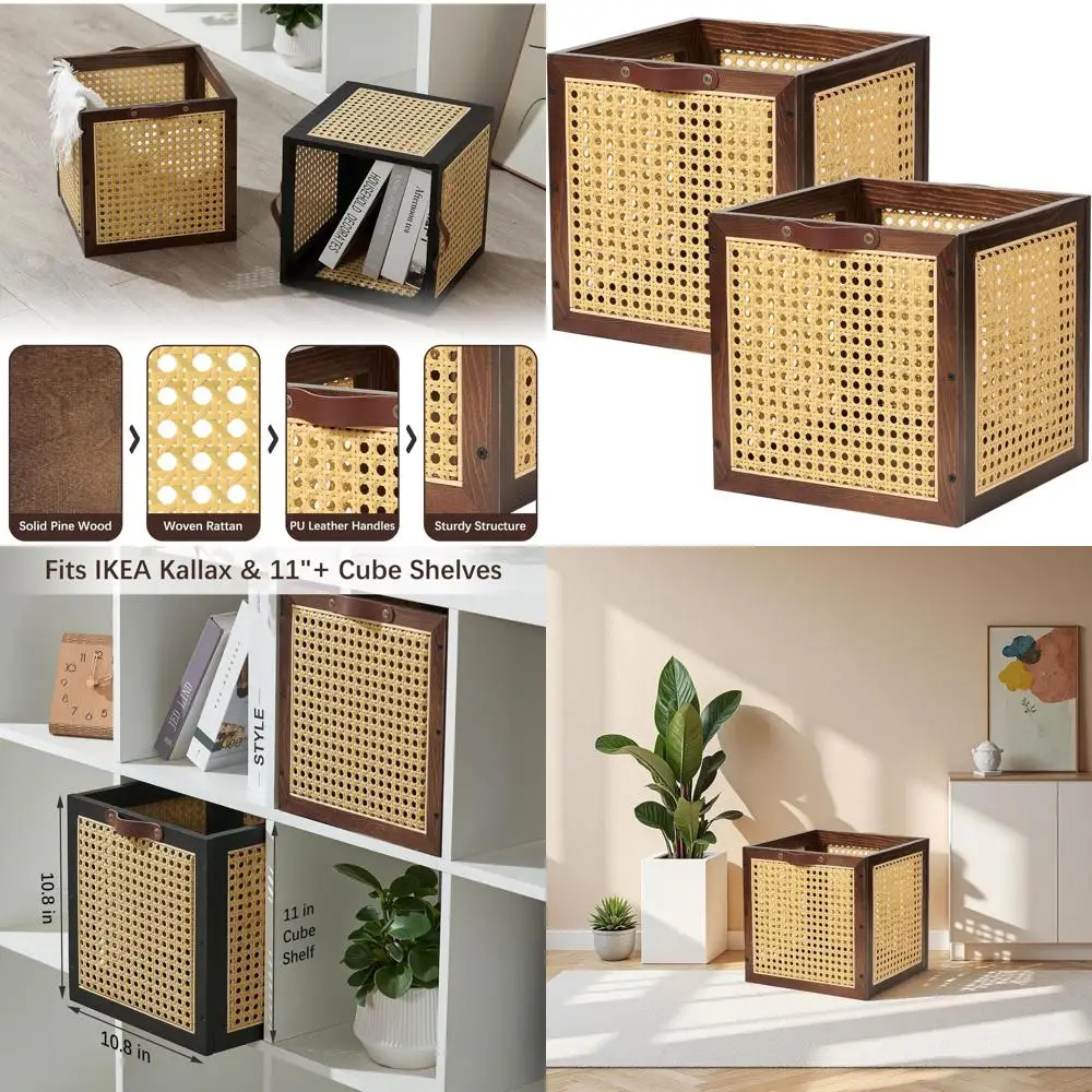 Natural Wooden Rattan Storage Cubes, Bohemian Style Wicker Baskets for Closet, Book & Magazine Organization (Walnut)
Natural Wooden Rattan Storage Cubes, Bohemian Style Wicker Baskets for Closet, Book & Magazine Organization (Walnut)