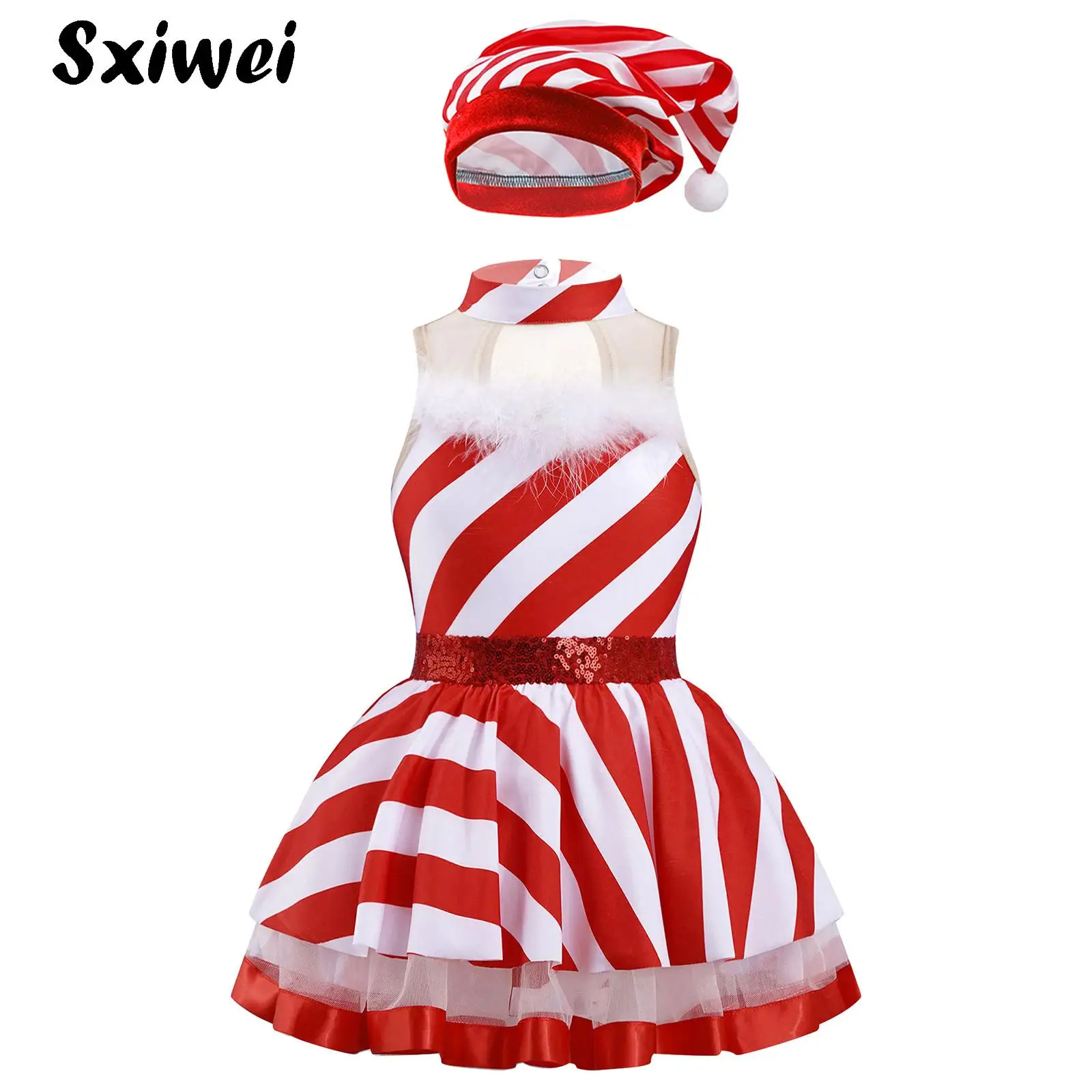 Girls Miss Santa Claus Dance Set Candy Cane Striped Sequins Ballet Dance Tutu Dress with Xmas Hat Christmas Ballroom Dancewear 
Girls Miss Santa Claus Dance Set Candy Cane Striped Sequins Ballet Dance Tutu Dress with Xmas Hat Christmas Ballroom Dancewear
