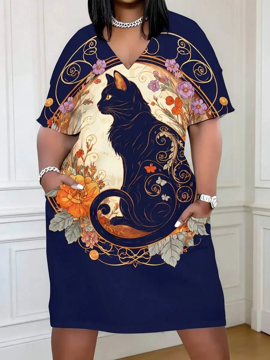 Blue V Neck Short Sleeve Dress With Cat Floral Swirl Print For Women
Blue V Neck Short Sleeve Dress With Cat Floral Swirl Print For Women