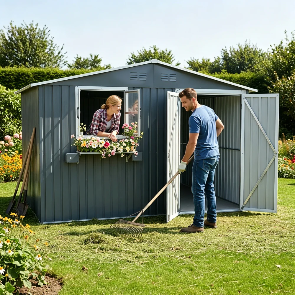 10x8 FT Outdoor Metal Storage Shed with Window & Flower Rack, Lockable Double Doors Tool Shed, Waterproof Weatherproof Garden Shed for Backyard Patio,Coal Gray
10x8 FT Outdoor Metal Storage Shed with Window & Flower Rack, Lockable Double Doors Tool Shed, Waterproof Weatherproof Garden Shed for Backyard Patio,Coal Gray