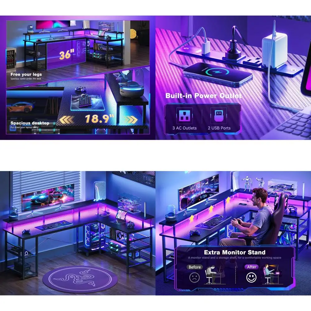 66 L-Shaped Gaming Desk with Power Outlet, LED Lights, Carbon Fiber Texture, Storage Shelves & Monitor Stand, Black
66 L-Shaped Gaming Desk with Power Outlet, LED Lights, Carbon Fiber Texture, Storage Shelves & Monitor Stand, Black